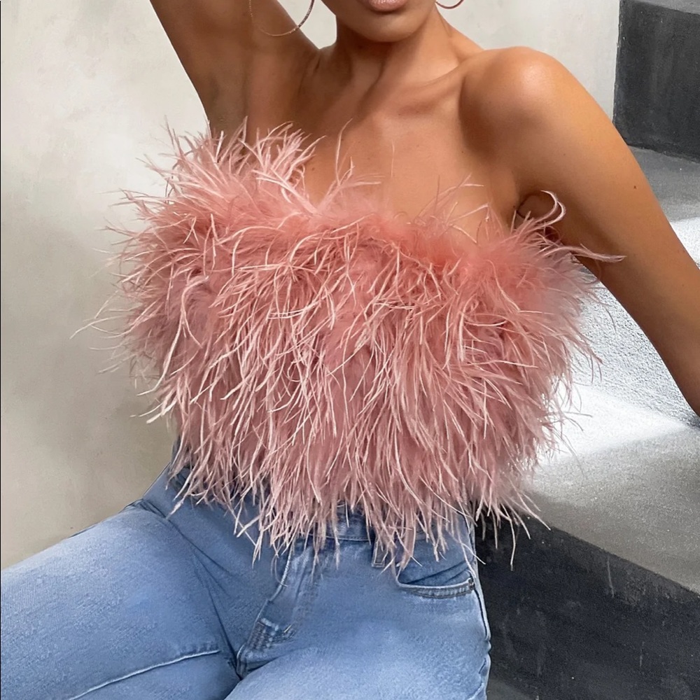 Club L London Pink Feathered Strapless Top